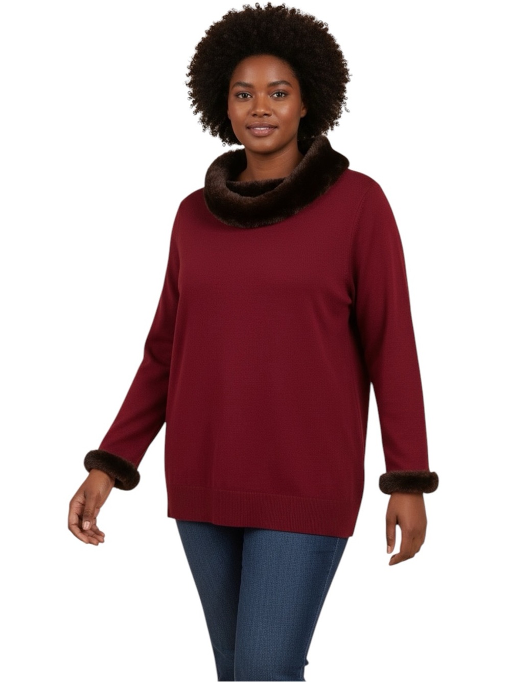 Dialogue NWT Merino Wool Blend Sweater Red Faux Fur Collar Cuffs Women 1X